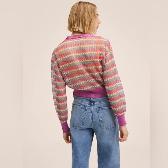 Mango Pink Sheer Multicolored Striped Button Front Cardigan Coquette Girl Dainty - Picture 12 of 14